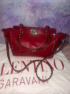 Valentino Red Leather Rockstud Shoulder Bag with Gold Hardware